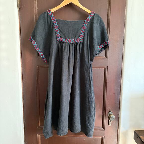 MADEWELL | Black Embroidered Linen Swing Dress Boho | Large - Picture 3 of 8